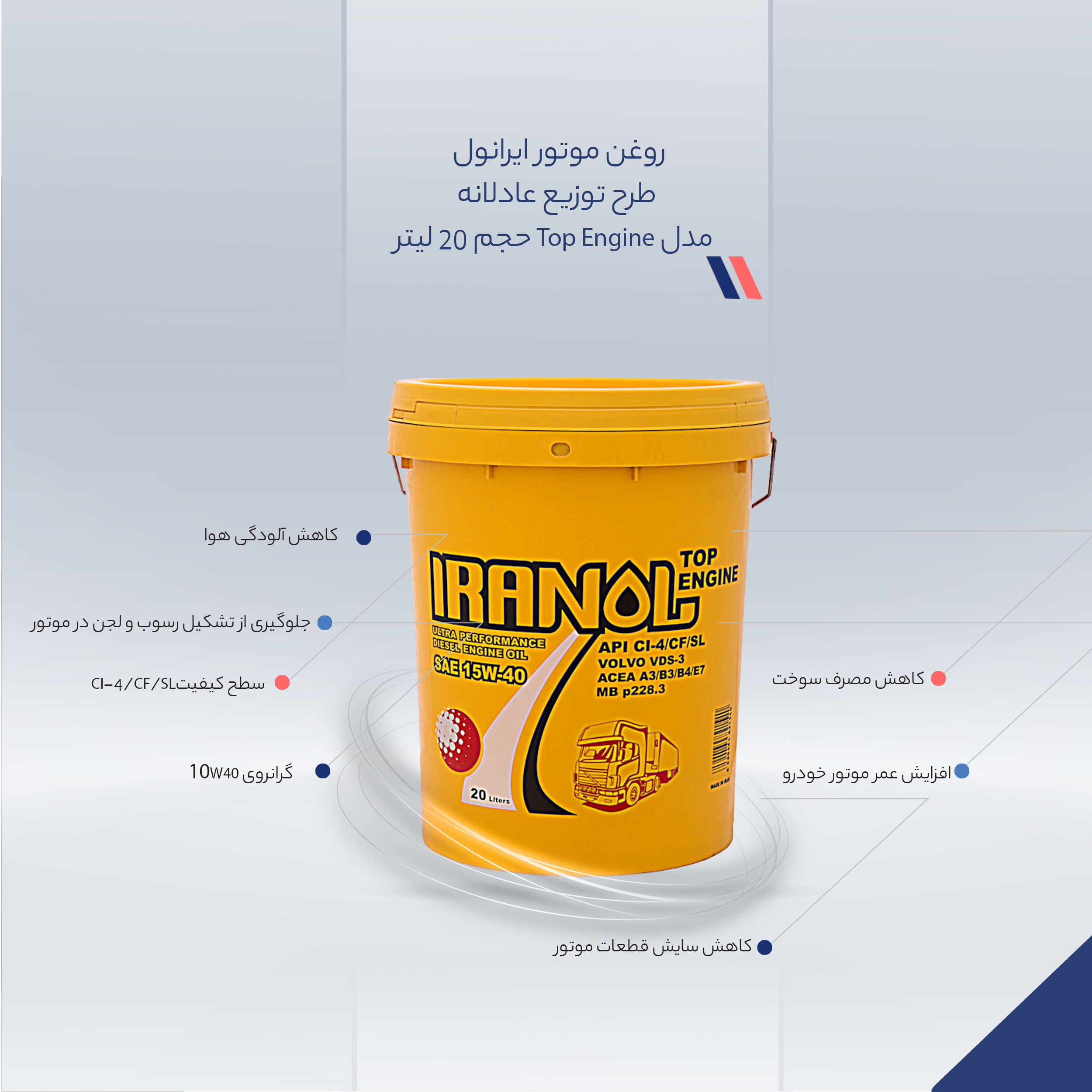روغن موتور ایرانول طرح توزیع عادلانه مدل Top Engine حجم 20 لیتر روغن موتور ایرانول طرح توزیع عادلانه مدل Top Engine حجم 20 لیتر