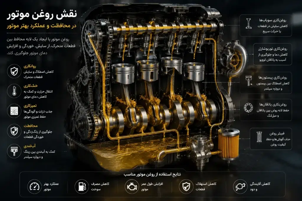 نقش روغن موتور در روانکاری و محافظت از قطعات داخلی موتور خودرو