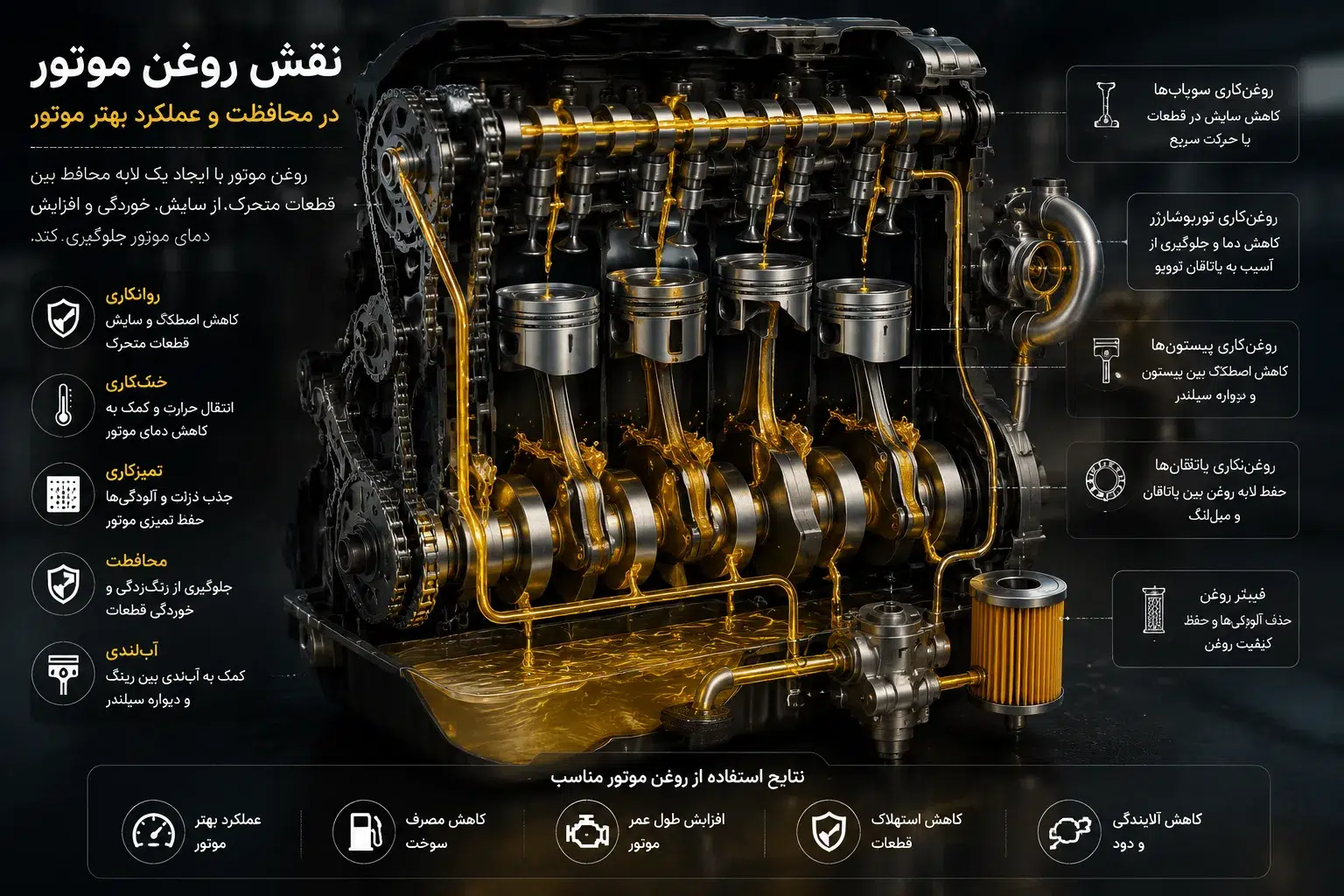 نقش روغن موتور در روانکاری و محافظت از قطعات داخلی موتور خودرو